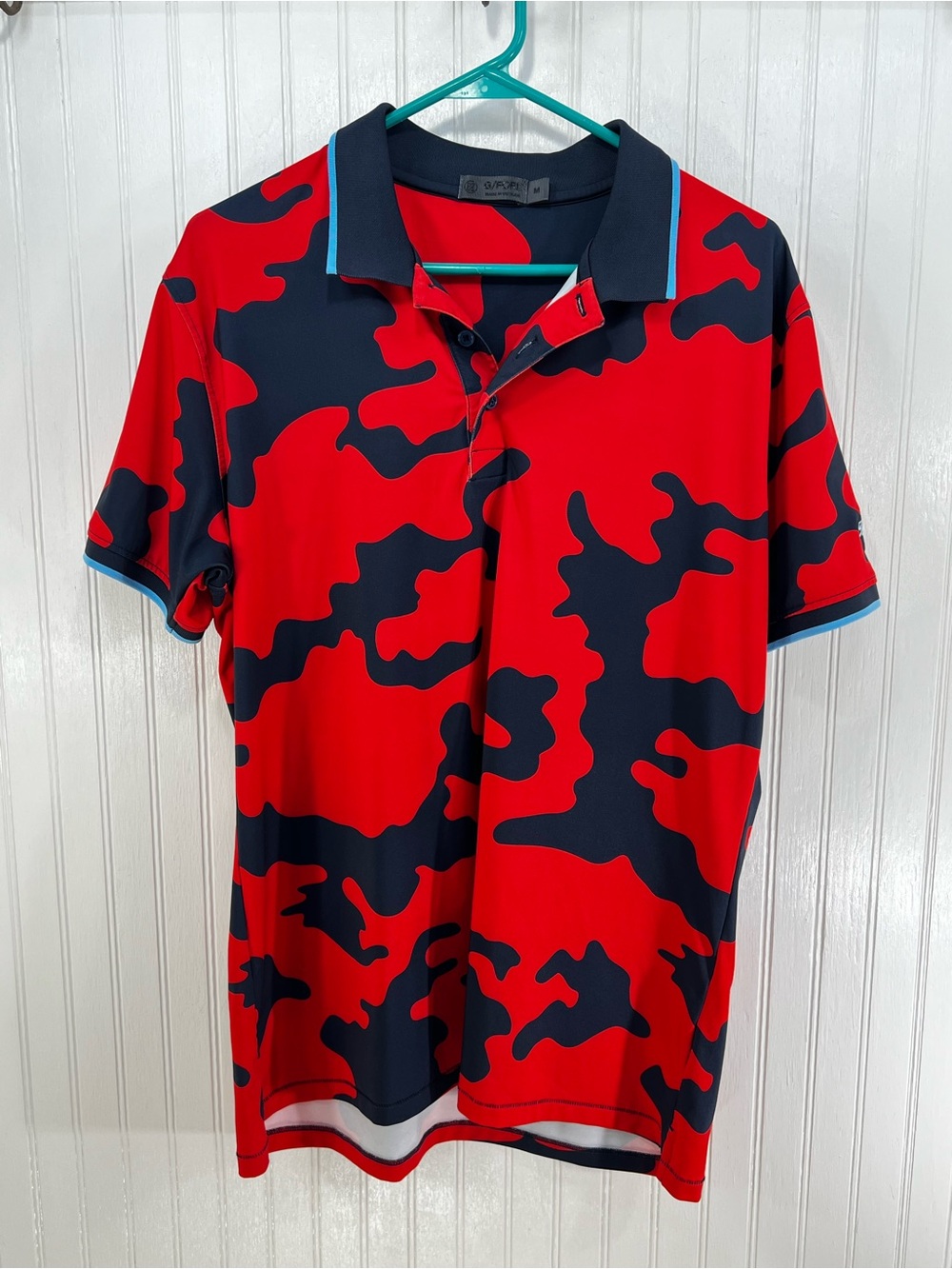 G/FORE Men Aye Poppy Tech Jersey Golf Polo Shirt Red Blue Size M Resort Logo